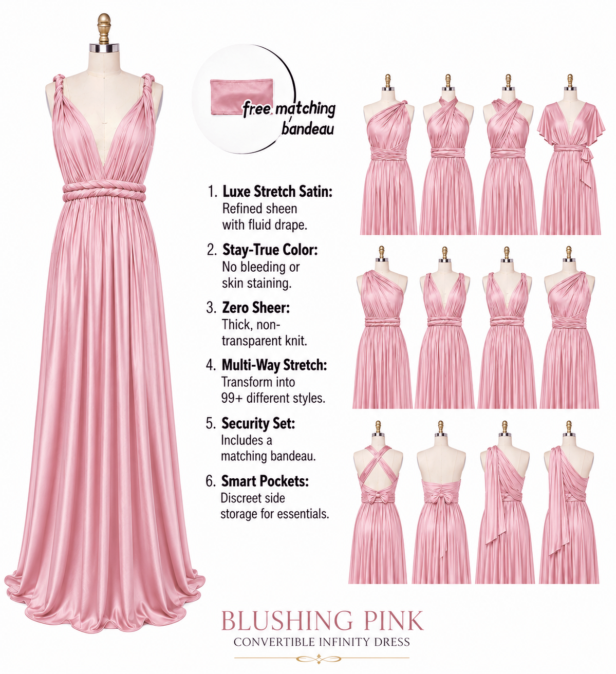 color:Blushing Pink |  A promotional product graphic for a blush pink convertible infinity dress, showing a full-length view on a mannequin, a close-up fabric swatch labeled 'free matching bandeau,' a list of features, and multiple smaller mannequin views of the dress in different convertible styles on a white background.