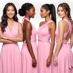 color:Blushing Pink |  Four women modeling matching pink sleeveless halter-style dresses against a clean white studio background, shown from multiple angles to highlight the fit and back design.