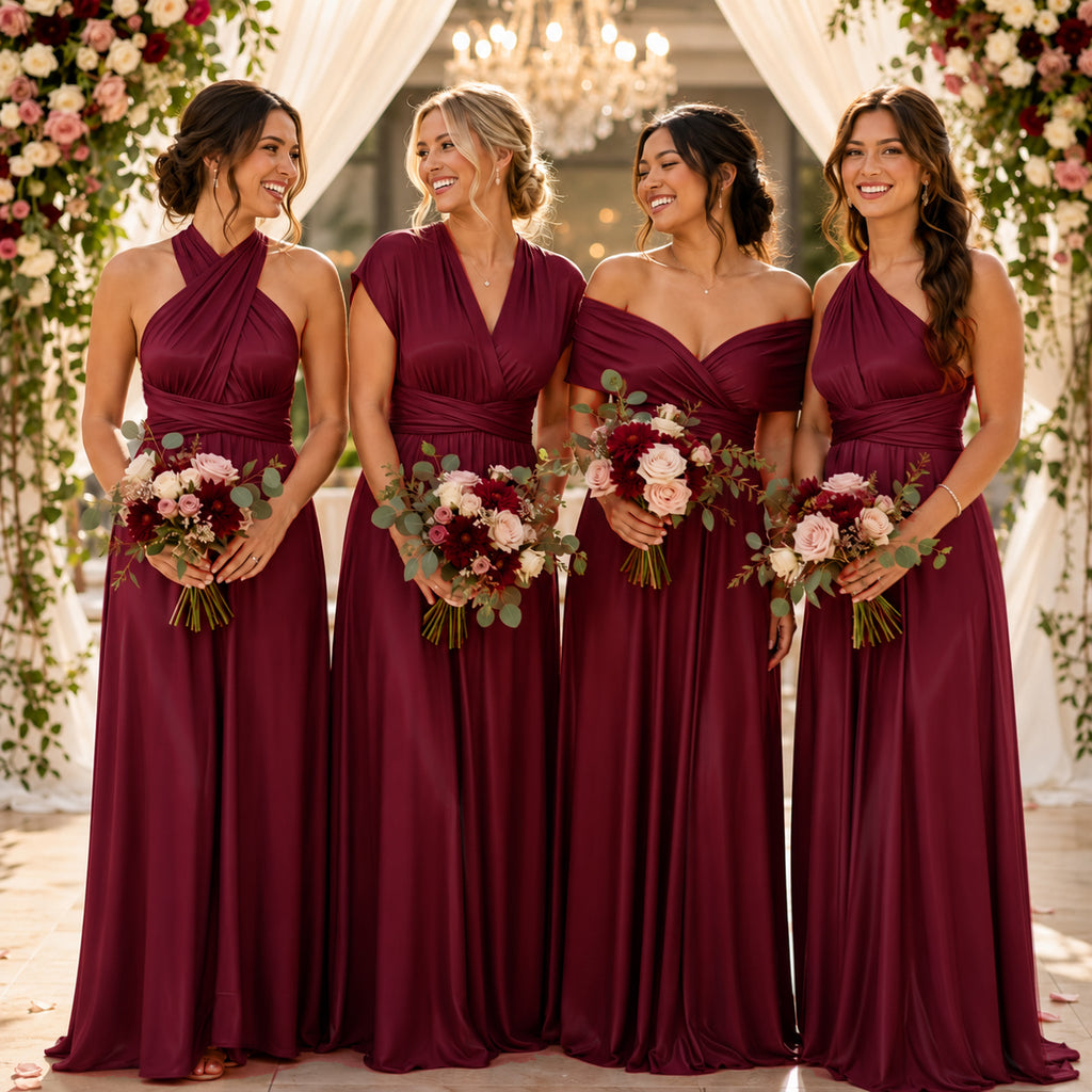 color:Burgundy | Burgundy infinity bridesmaid dresses with pockets at a real wedding 