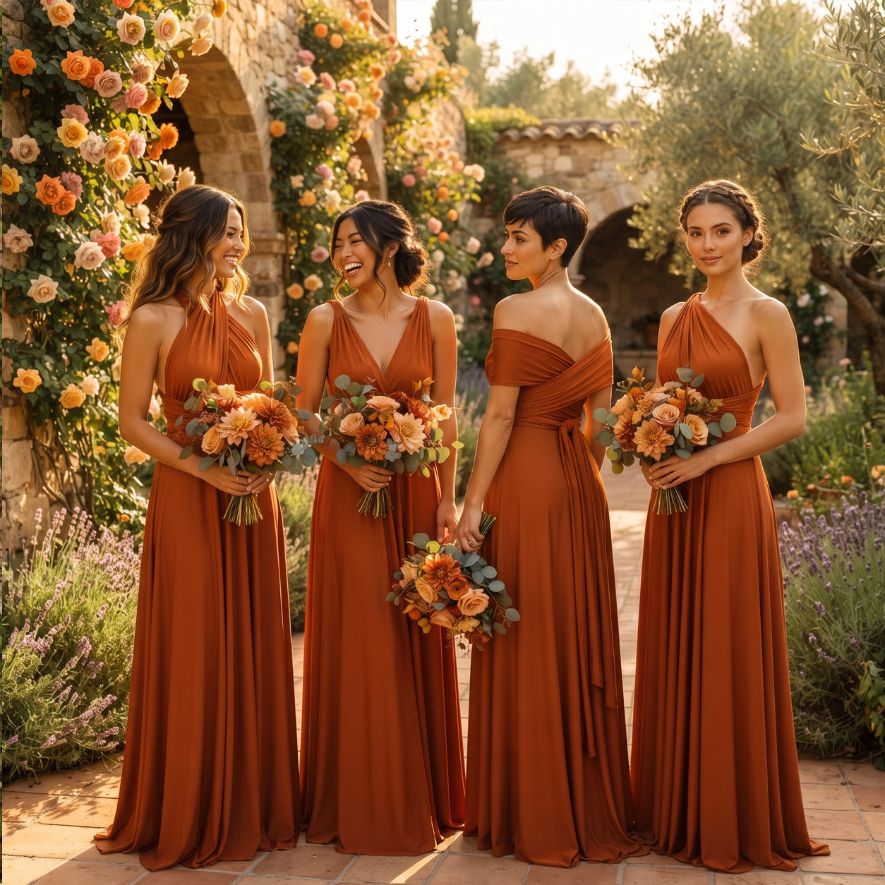Burnt orange infinity bridesmaid dresses for a rustic wedding