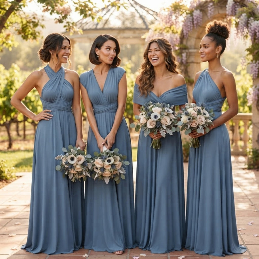 Dusty blue infinity bridesmaid dresses for a coastal destination wedding