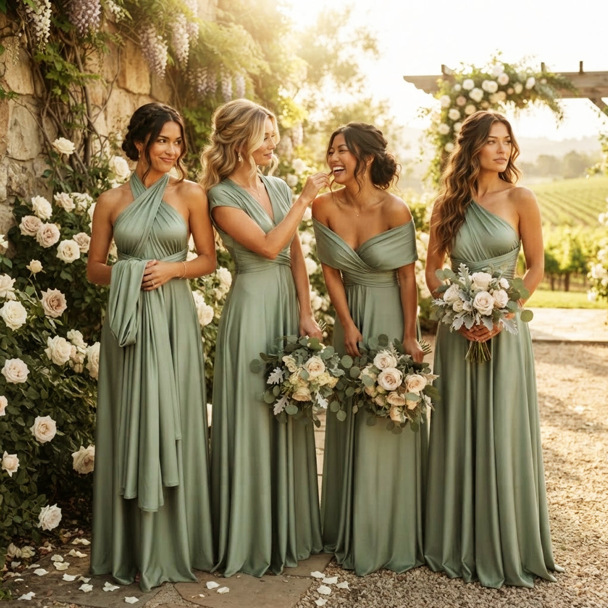 Dusty sage infinity bridesmaid dresses for an outdoor fall wedding