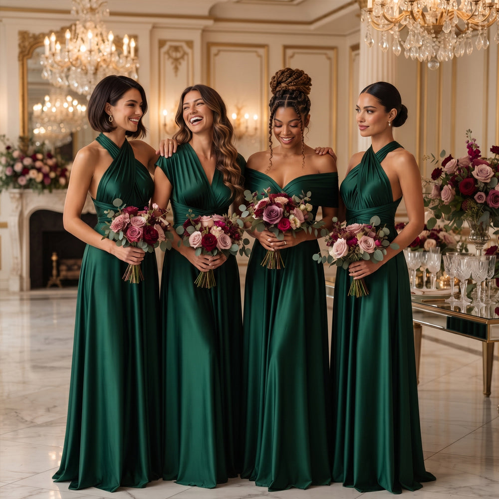 Emerald green infinity bridesmaid dresses for an elegant winter wedding