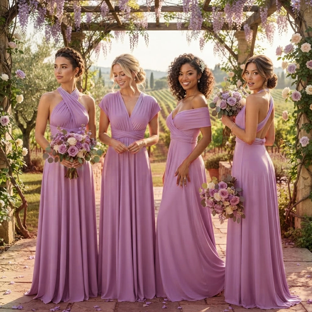 color:Lavender | Four women wearing matching lavender bridesmaid dresses stand under a wisteria-covered pergola outdoors, each holding a bouquet of purple and white flowers.