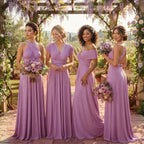 color:Lavender | Four women wearing matching lavender bridesmaid dresses stand under a wisteria-covered pergola outdoors, each holding a bouquet of purple and white flowers.