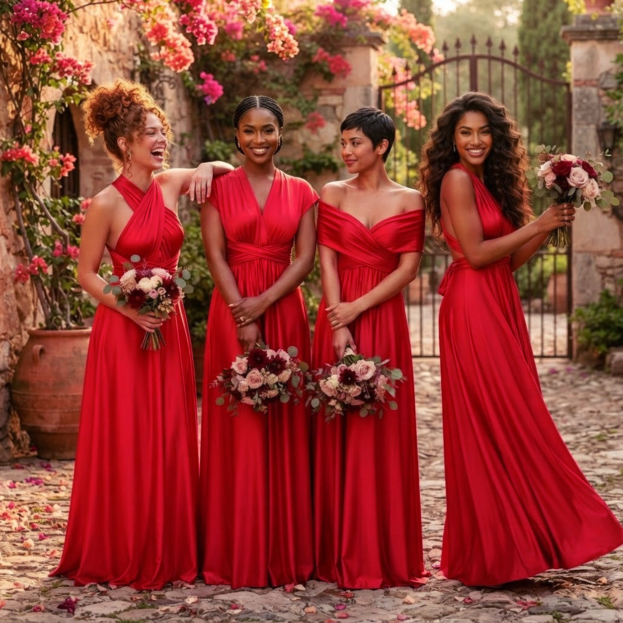 color:Red | Four women wearing matching long red bridesmaid dresses pose together outdoors in a garden courtyard with stone walls, climbing flowers, and bouquets.