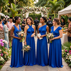 color:Royal Blue | Four bridesmaids in matching royal blue one-shoulder maxi gowns stand together on a stone pathway at an outdoor wedding, holding pastel flower bouquets. A floral arch, guests, and event tents are visible in the background.