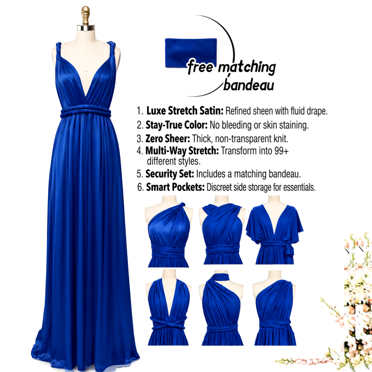 color:Royal Blue | A royal blue satin maxi dress displayed on a mannequin against a white background, with product features, a matching bandeau, and six styling views with text listing benefits such as stretch satin, no bleeding, and multi-way stretch.