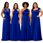 color:Royal Blue | Four women modeling floor-length royal blue bridesmaid dresses against a plain white studio background. The dresses include a V-neck, halter, one-shoulder, and sweetheart neckline designs.