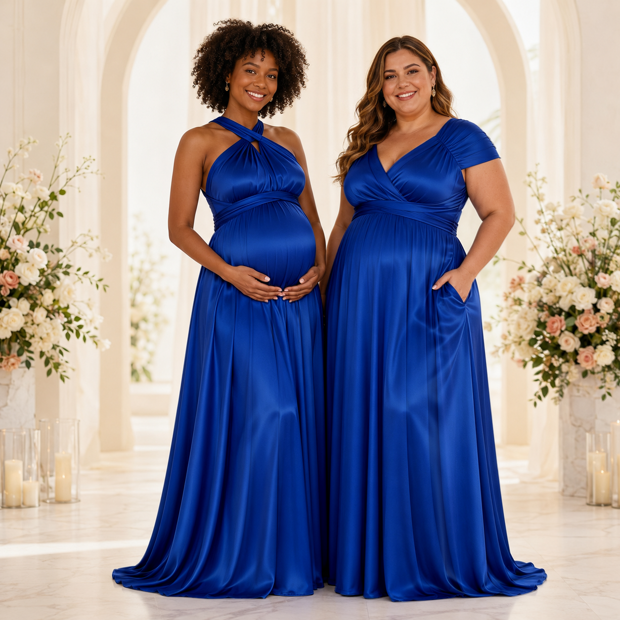color:Royal Blue | Two pregnant women standing side by side in matching royal blue maternity gowns in a bright, elegant indoor setting with floral arrangements and arched windows.