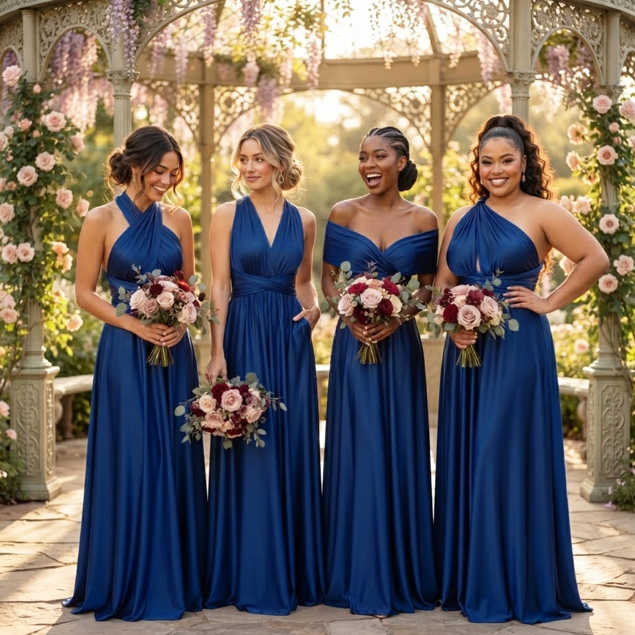 Bridesmaids wearing royal blue infinity bridesmaid dresses at an elegant wedding