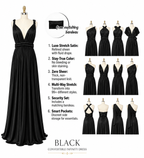 color:Black | Black convertible infinity dress shown on a mannequin with feature callouts and multiple alternate styling views on a white background. The image includes text describing the dress materials and features, such as Luxe Stretch Satin, free matching bandeau, and smart pockets.