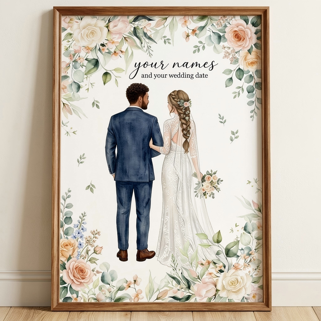 Personalised Bride and Groom Print with Pets, Custom Wedding Illustration, Printable Wedding Card, Couple Portrait Gift