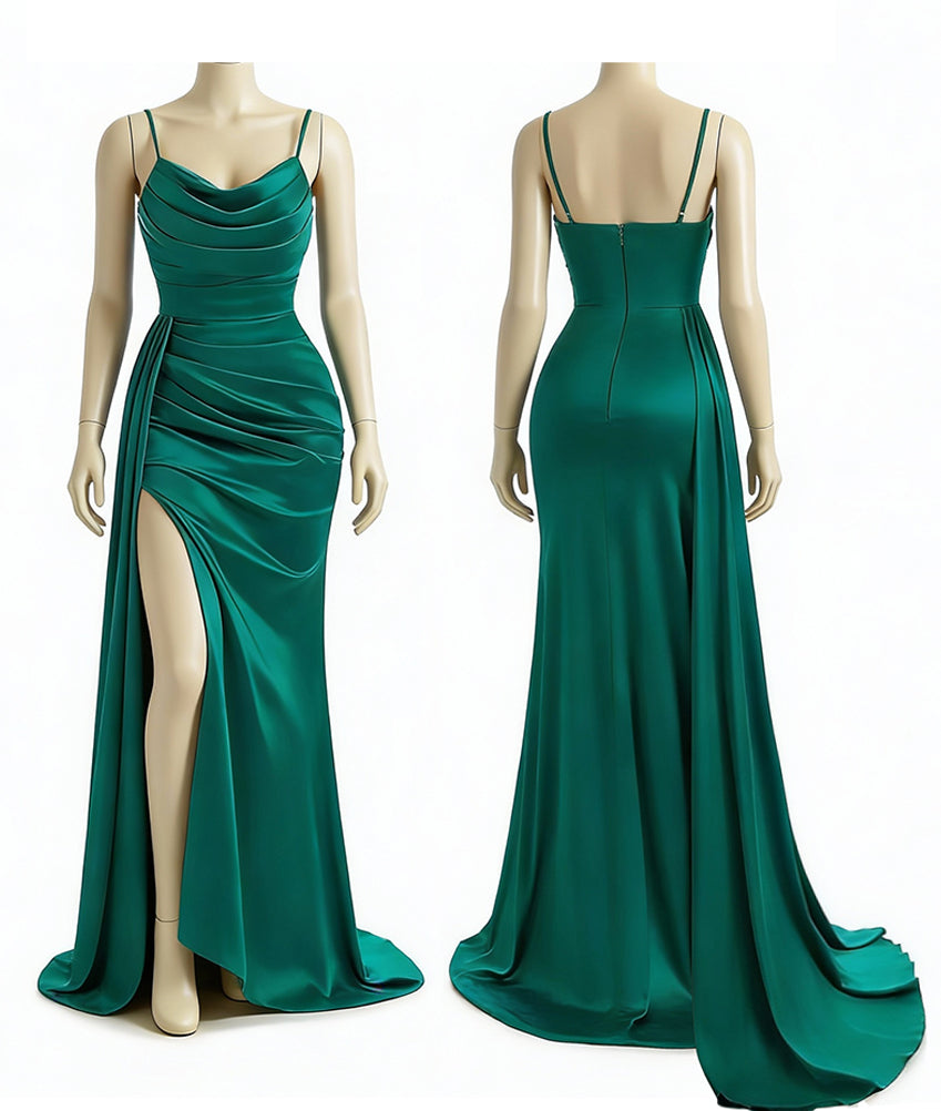 Rebecca - Cowl Neck Satin Maxi Bridesmaid Dress with Spaghetti Straps & Side Split