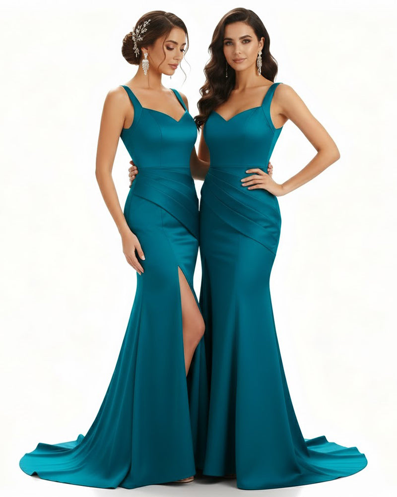Seraphina ¨C Square Neck Satin Mermaid Bridesmaid Dress with Side Slit & Adjustable Straps