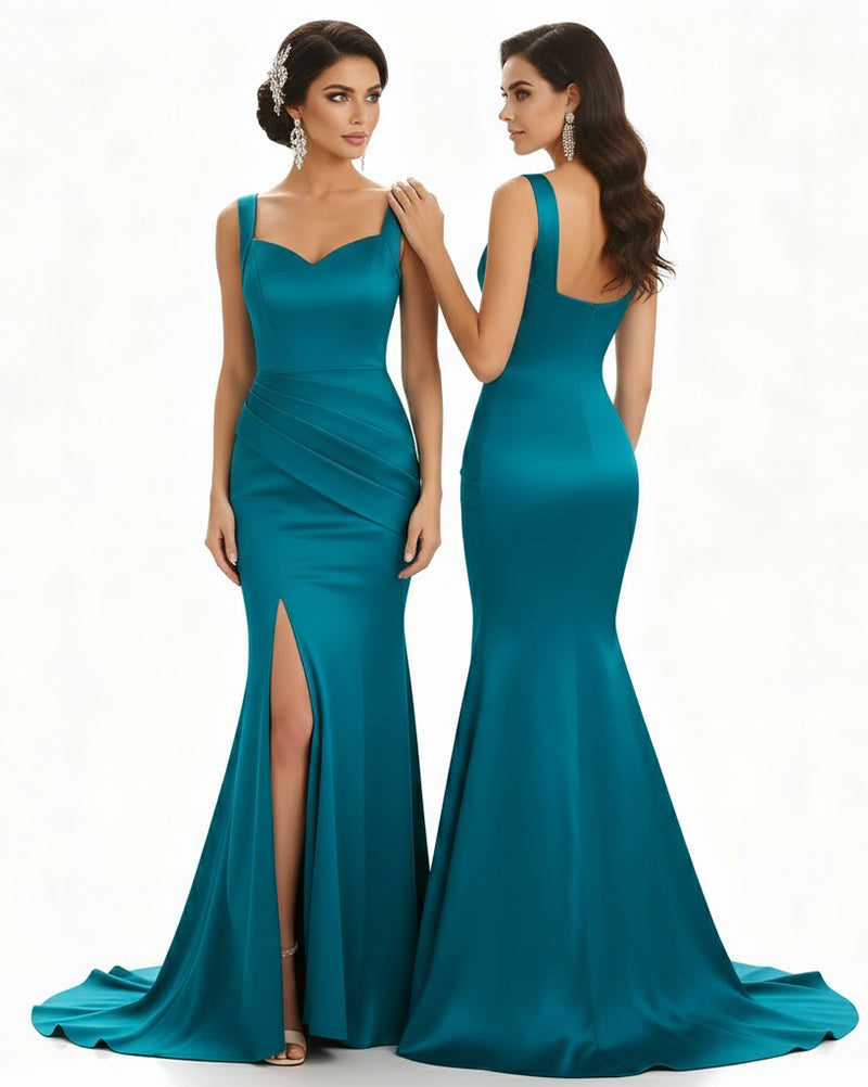 Seraphina ¨C Square Neck Satin Mermaid Bridesmaid Dress with Side Slit & Adjustable Straps