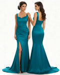 Seraphina â€?Square Neck Satin Mermaid Bridesmaid Dress with Side Slit & Adjustable Straps