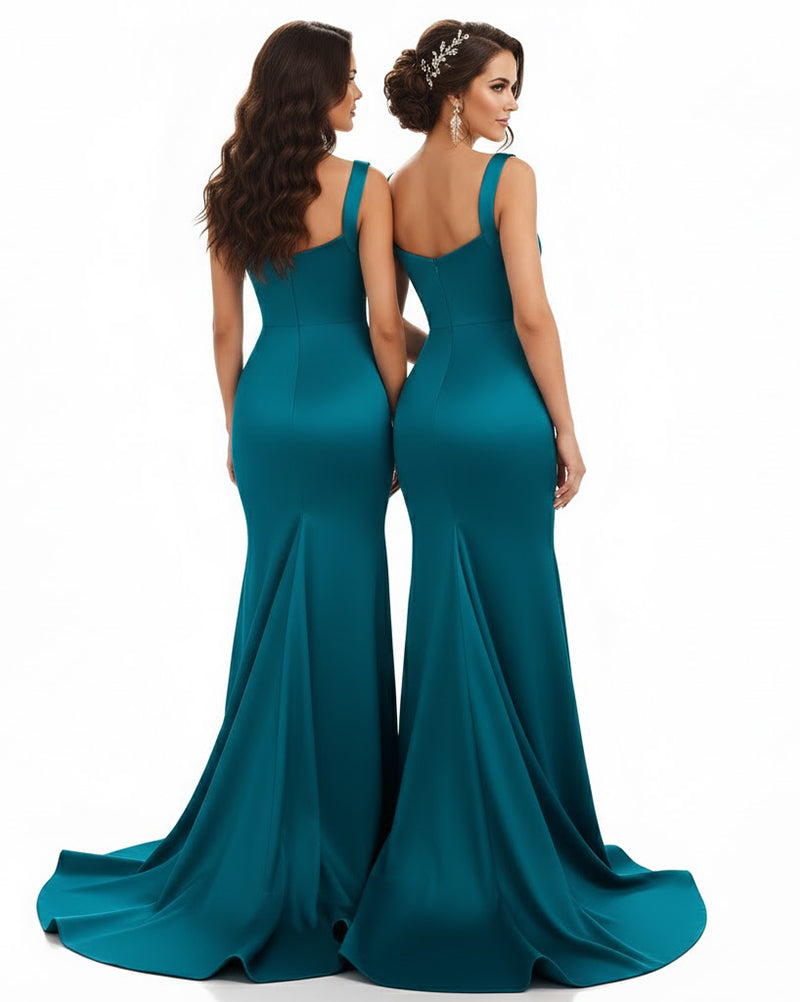 Seraphina ¨C Square Neck Satin Mermaid Bridesmaid Dress with Side Slit & Adjustable Straps