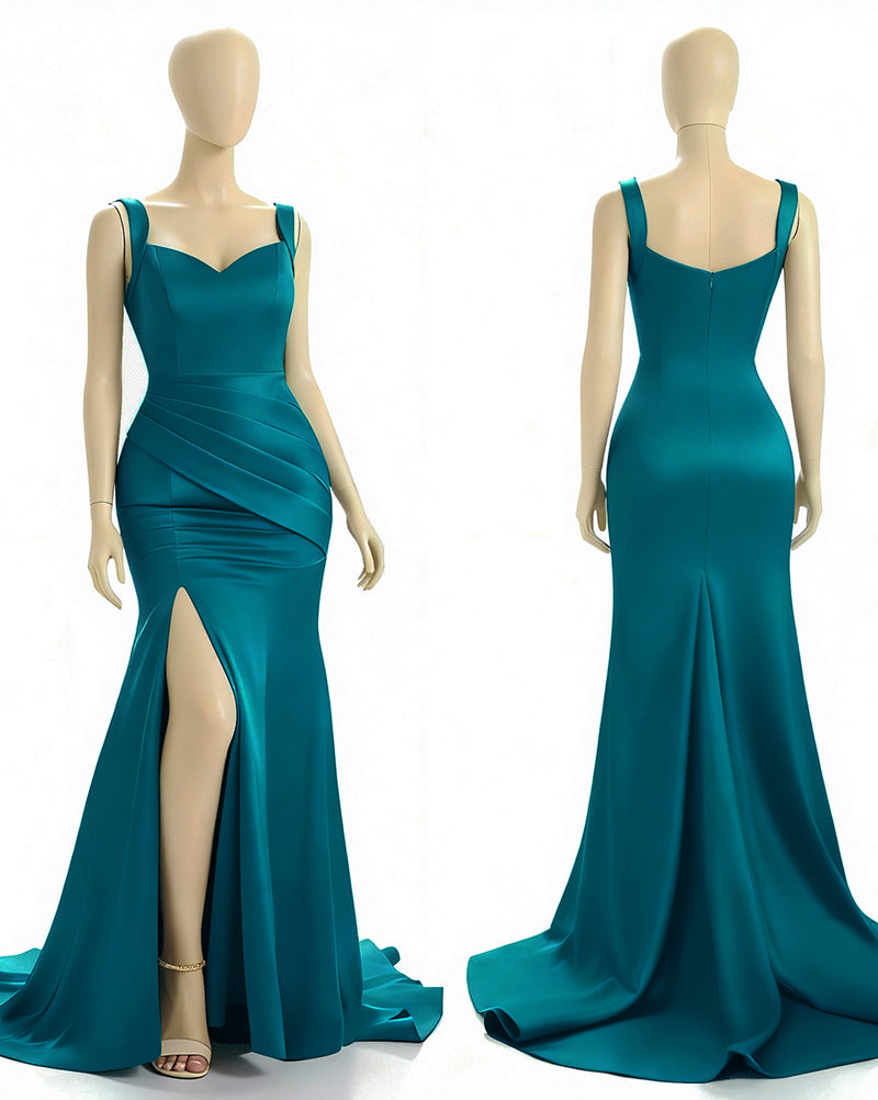 Seraphina â€?Square Neck Satin Mermaid Bridesmaid Dress with Side Slit & Adjustable Straps