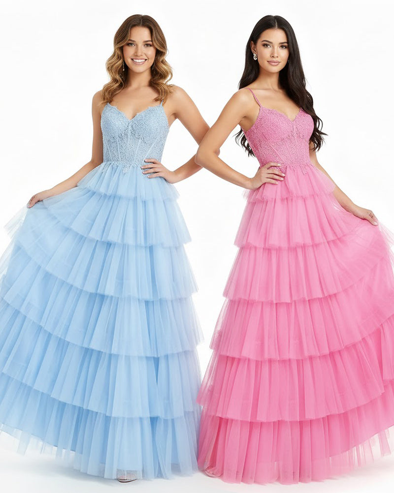 Stella - V-Neck Illusion Ball Gown with Lace Appliqu¨¦ & Tiered Tulle Skirt