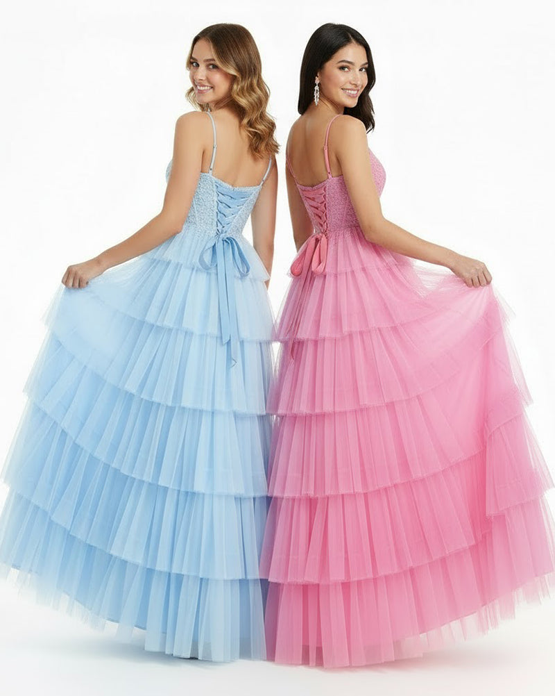 Stella - V-Neck Illusion Ball Gown with Lace Appliqu¨¦ & Tiered Tulle Skirt