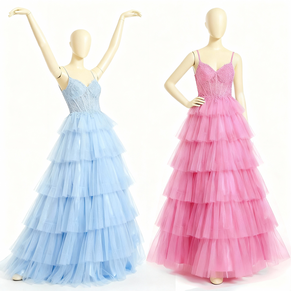 Stella - V-Neck Illusion Ball Gown with Lace Appliqué & Tiered Tulle Skirt