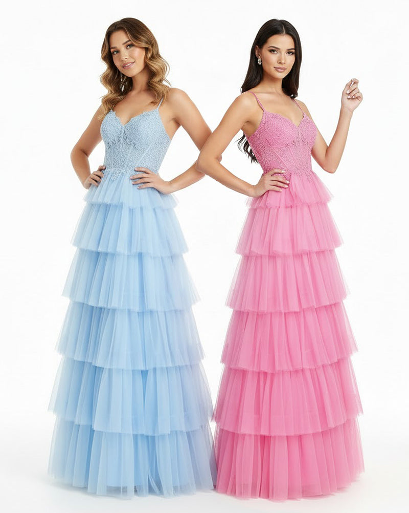 Stella - V-Neck Illusion Ball Gown with Lace Appliqué & Tiered Tulle Skirt