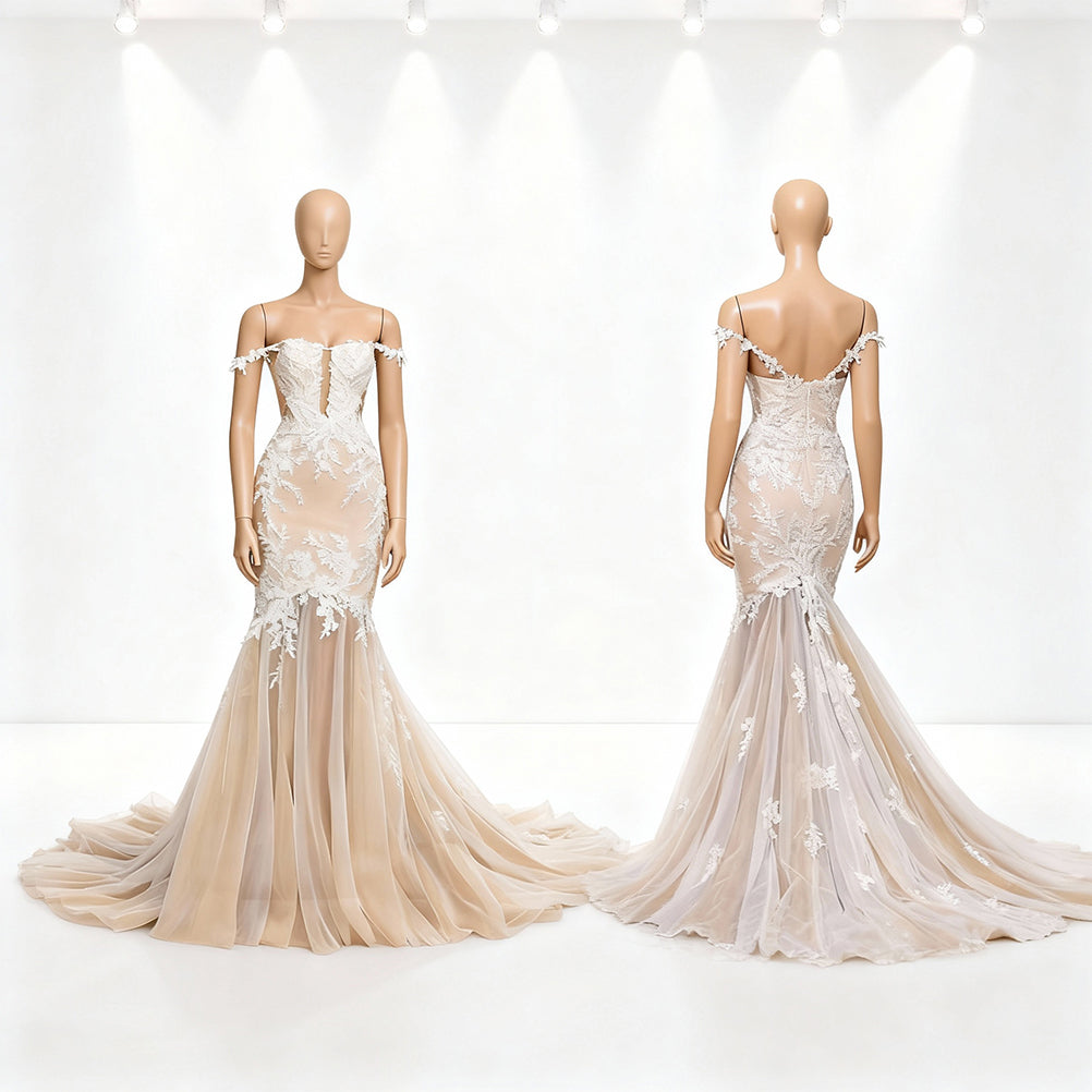 Isabella - Beaded Mermaid Wedding Gown with Off-the-Shoulder Lace & Chapel Train