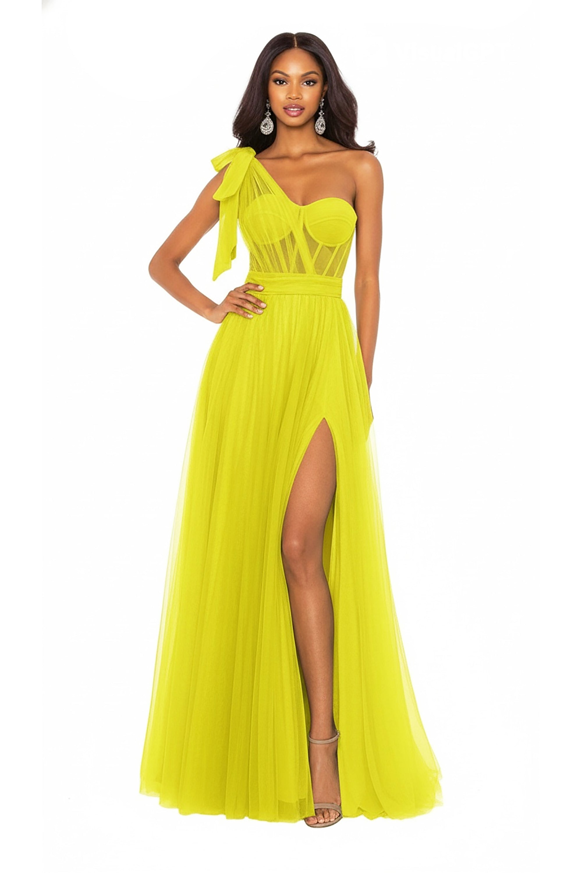Valencia – One-Shoulder Convertible Strap Illusion Corset Prom Dress with High Slit & Tulle Skirt