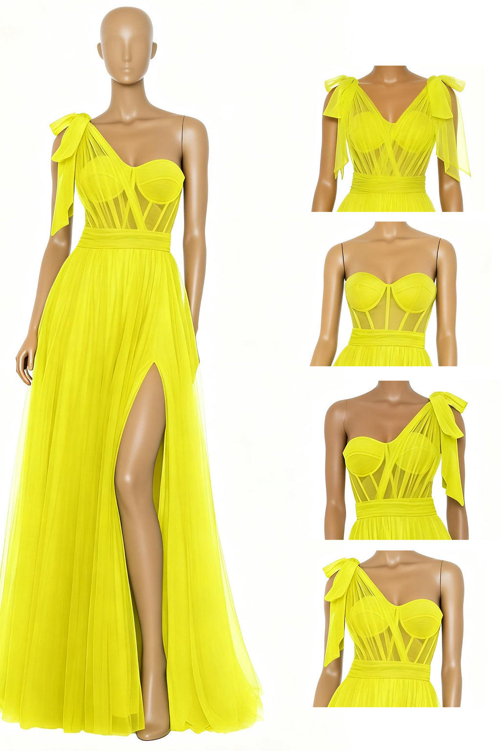 Valencia – One-Shoulder Convertible Strap Illusion Corset Prom Dress with High Slit & Tulle Skirt