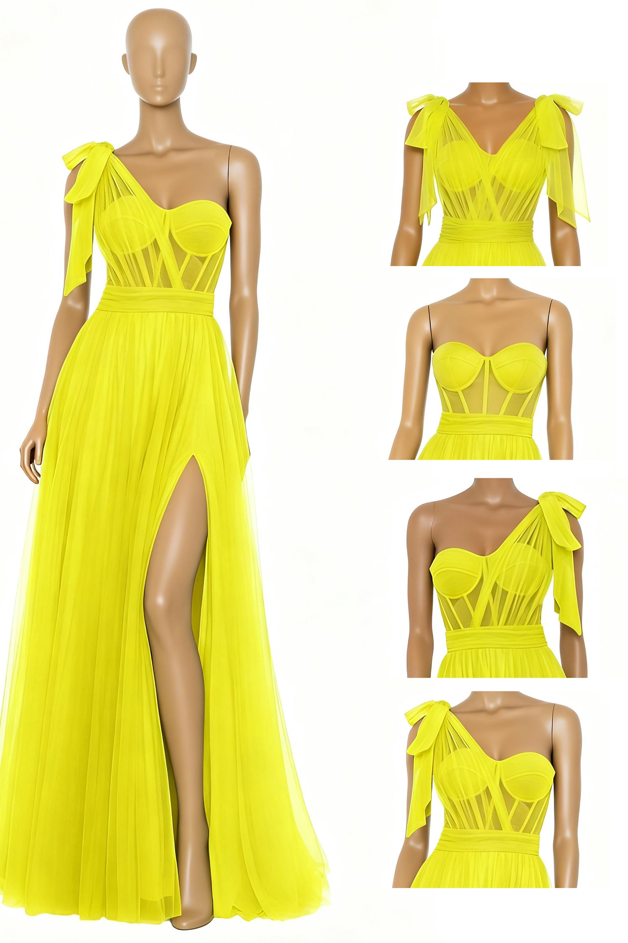 Valencia – One-Shoulder Convertible Strap Illusion Corset Prom Dress with High Slit & Tulle Skirt