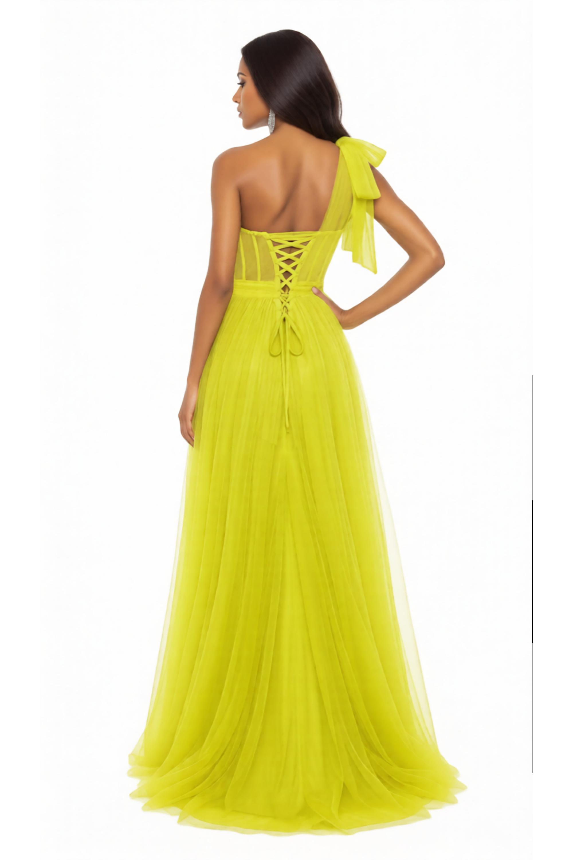 Valencia – One-Shoulder Convertible Strap Illusion Corset Prom Dress with High Slit & Tulle Skirt