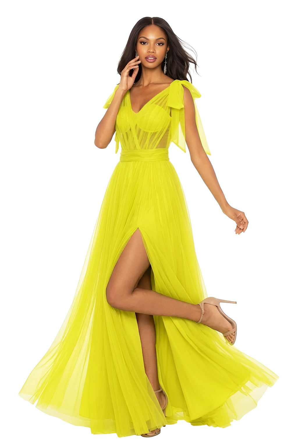 Valencia – One-Shoulder Convertible Strap Illusion Corset Prom Dress with High Slit & Tulle Skirt