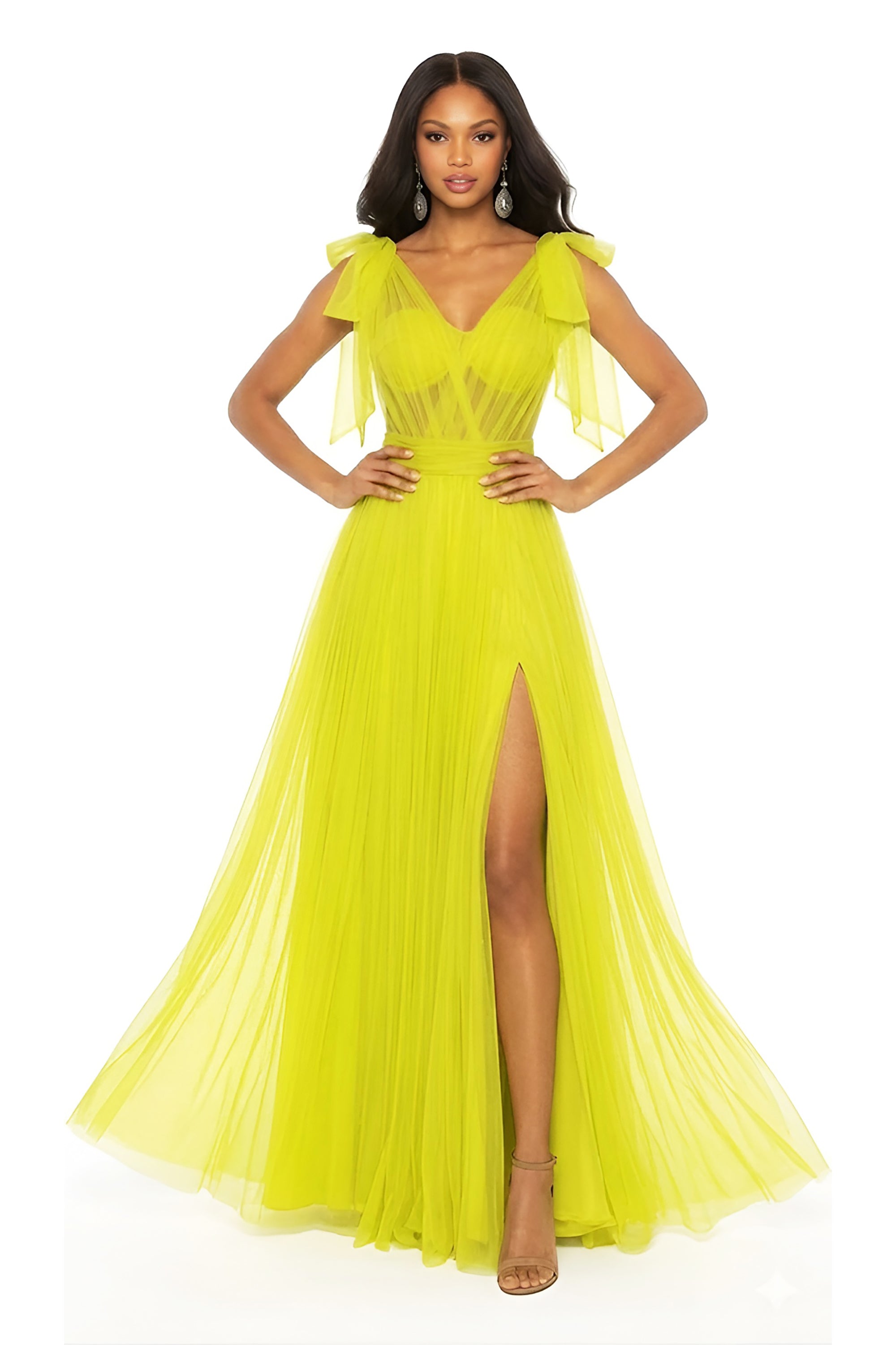 Valencia – One-Shoulder Convertible Strap Illusion Corset Prom Dress with High Slit & Tulle Skirt