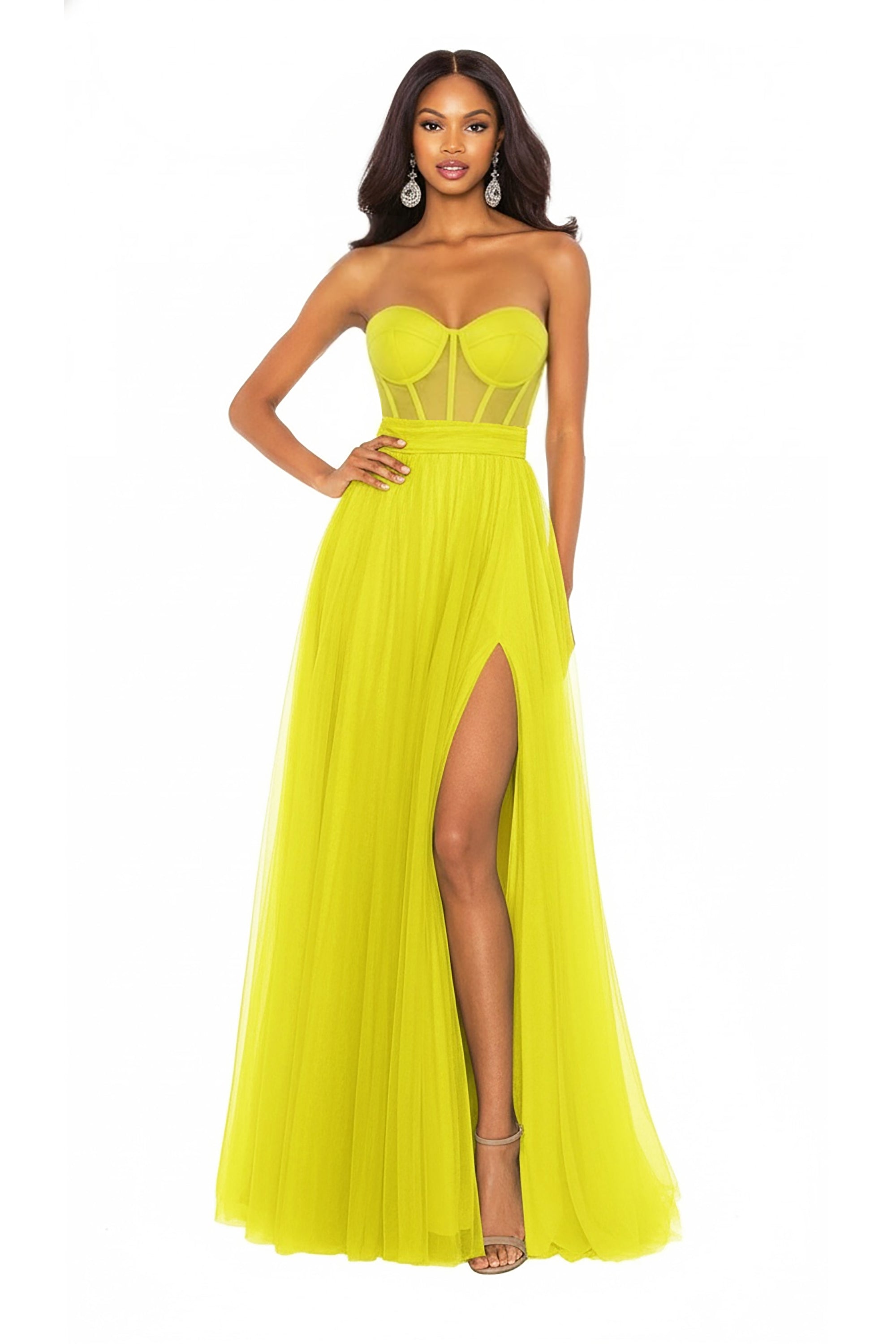 Valencia – One-Shoulder Convertible Strap Illusion Corset Prom Dress with High Slit & Tulle Skirt