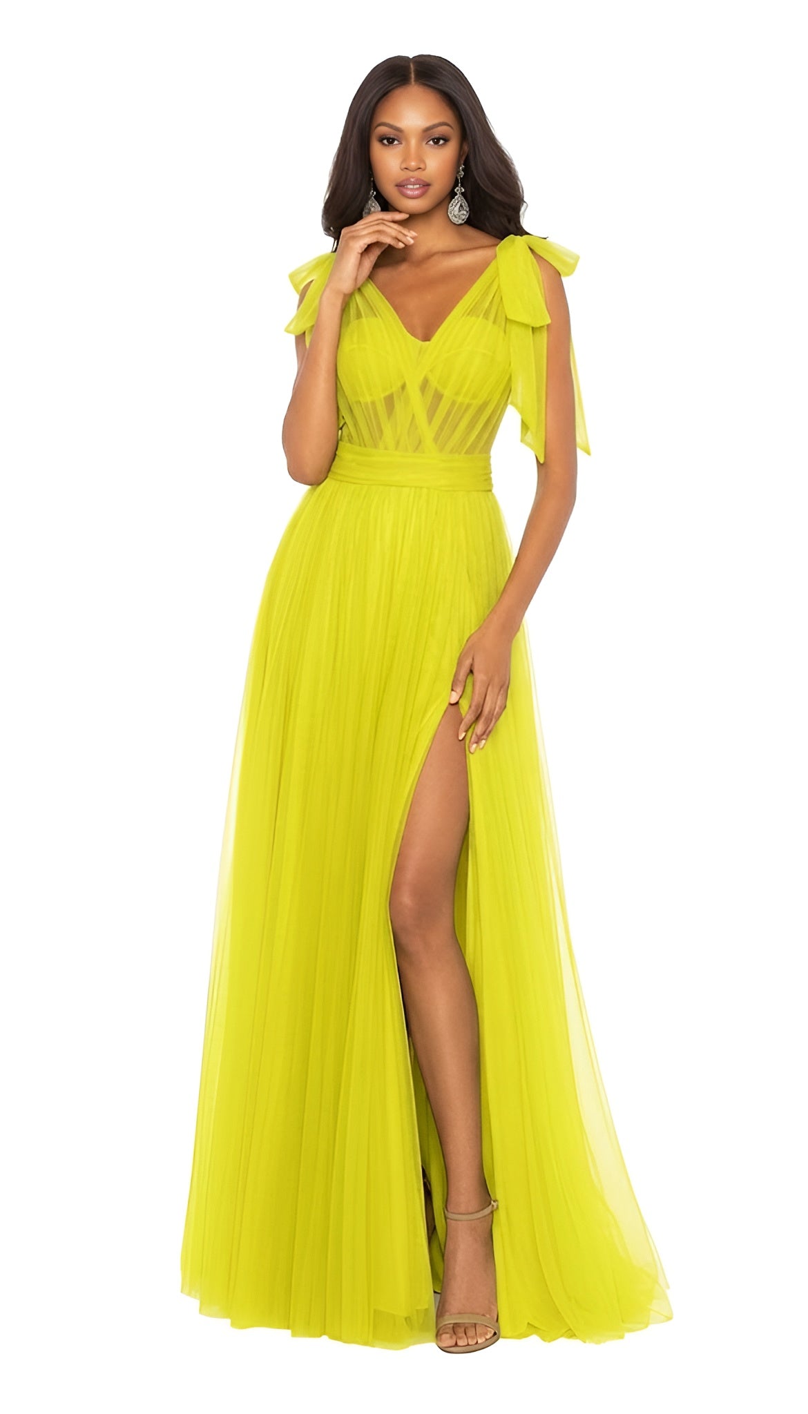Valencia – One-Shoulder Convertible Strap Illusion Corset Prom Dress with High Slit & Tulle Skirt
