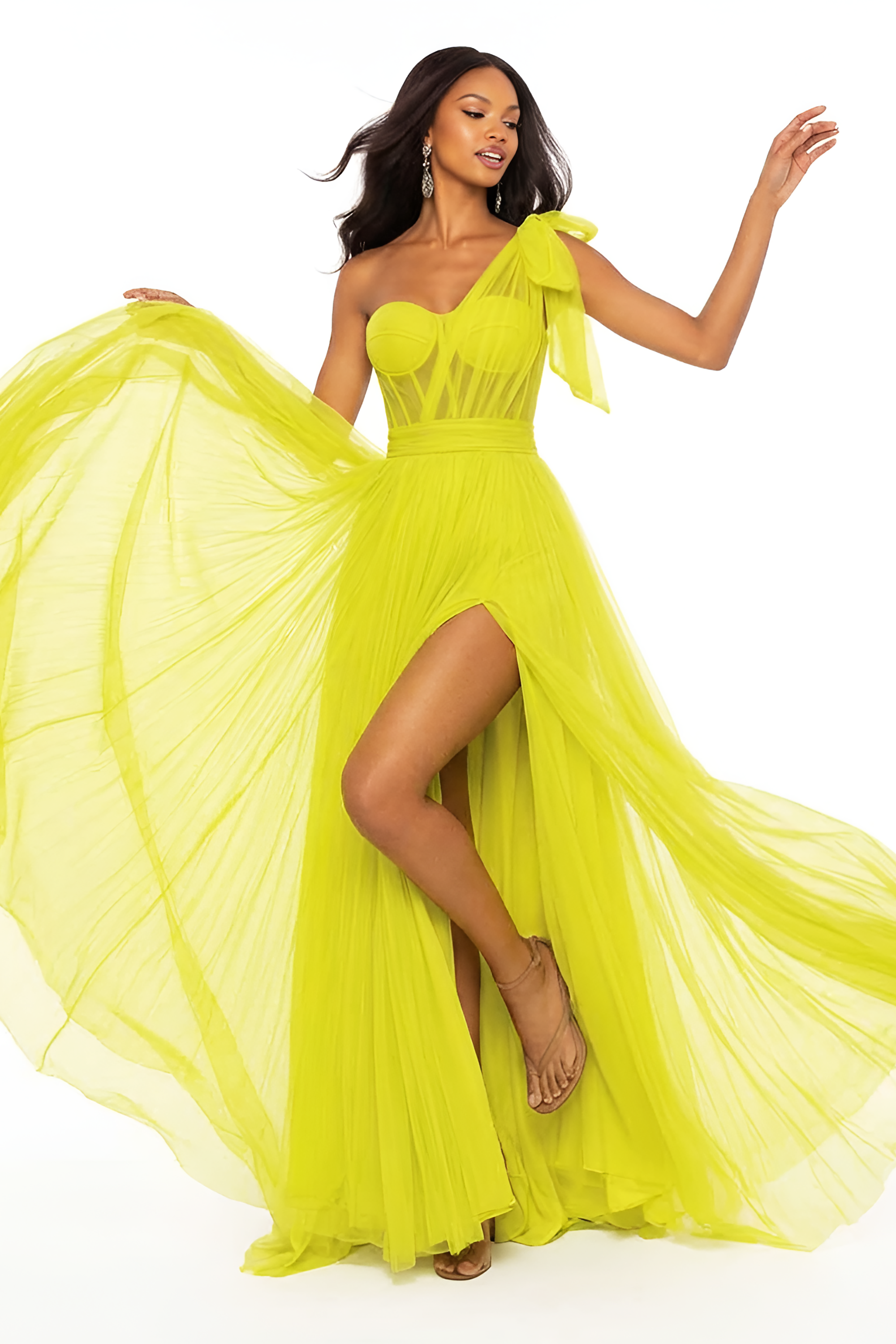 Valencia – One-Shoulder Convertible Strap Illusion Corset Prom Dress with High Slit & Tulle Skirt