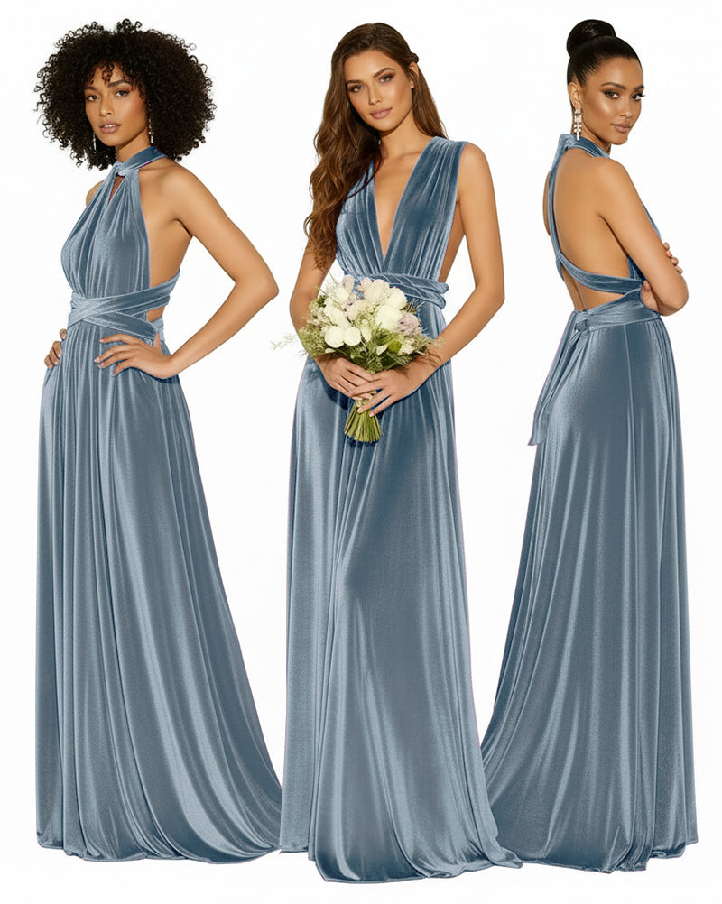 Convertible Versatile Multi-Way Wrap Long Infinity Dress With Pockets dusty blue 