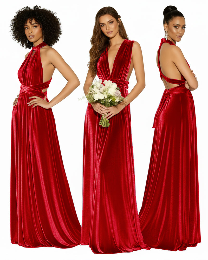 Convertible Versatile Multi-Way Wrap Long Infinity Dress With Pockets red 
