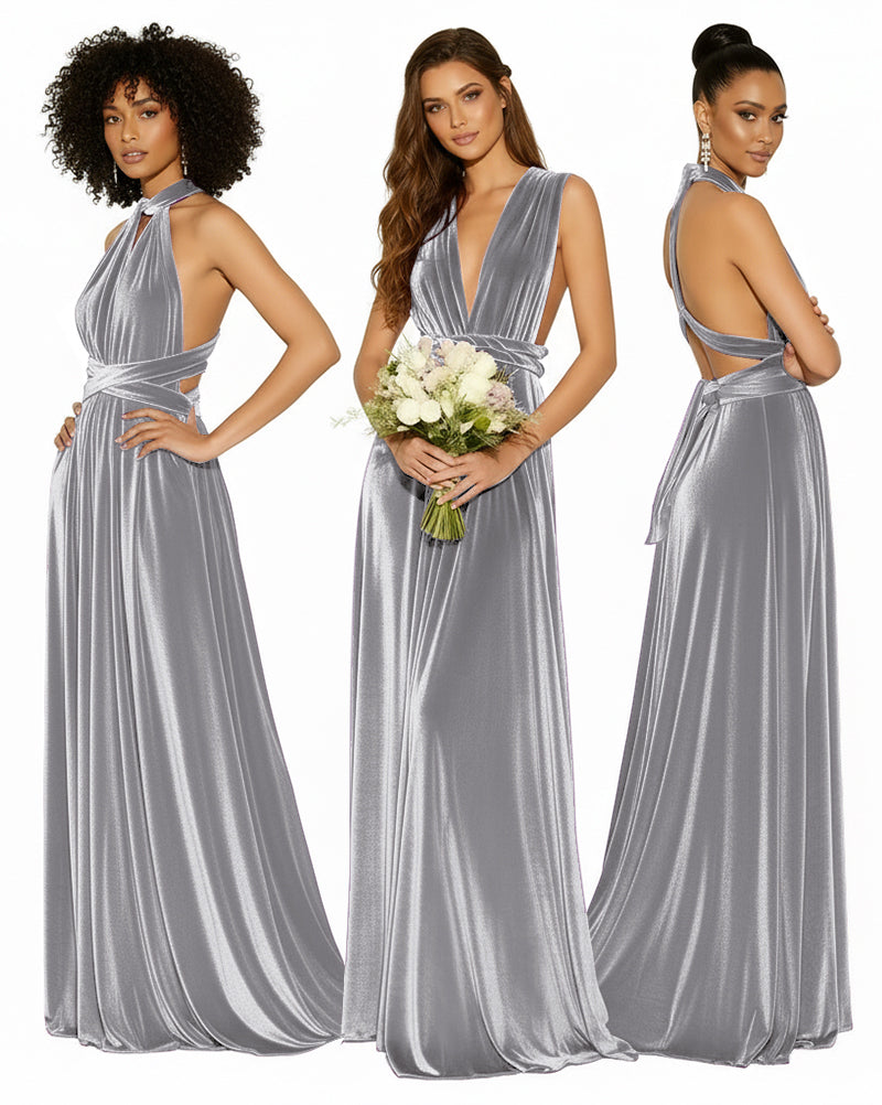 Convertible Versatile Multi-Way Wrap Long Infinity Dress With Pockets silver 