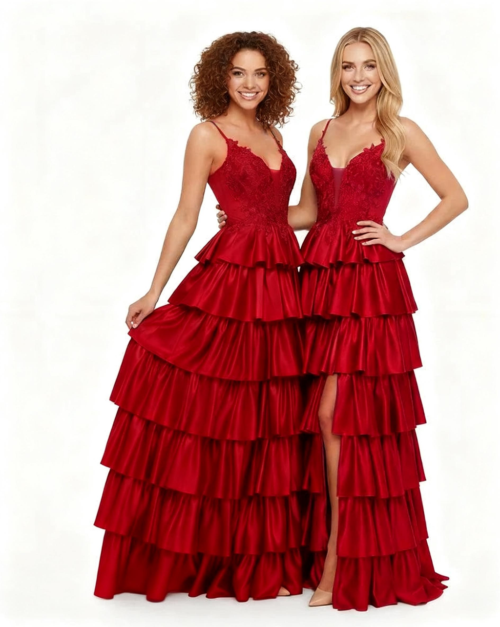 Ariana V-Neck Lace Applique Satin Prom Dress with Tiered Ruffles & High Thigh Slit