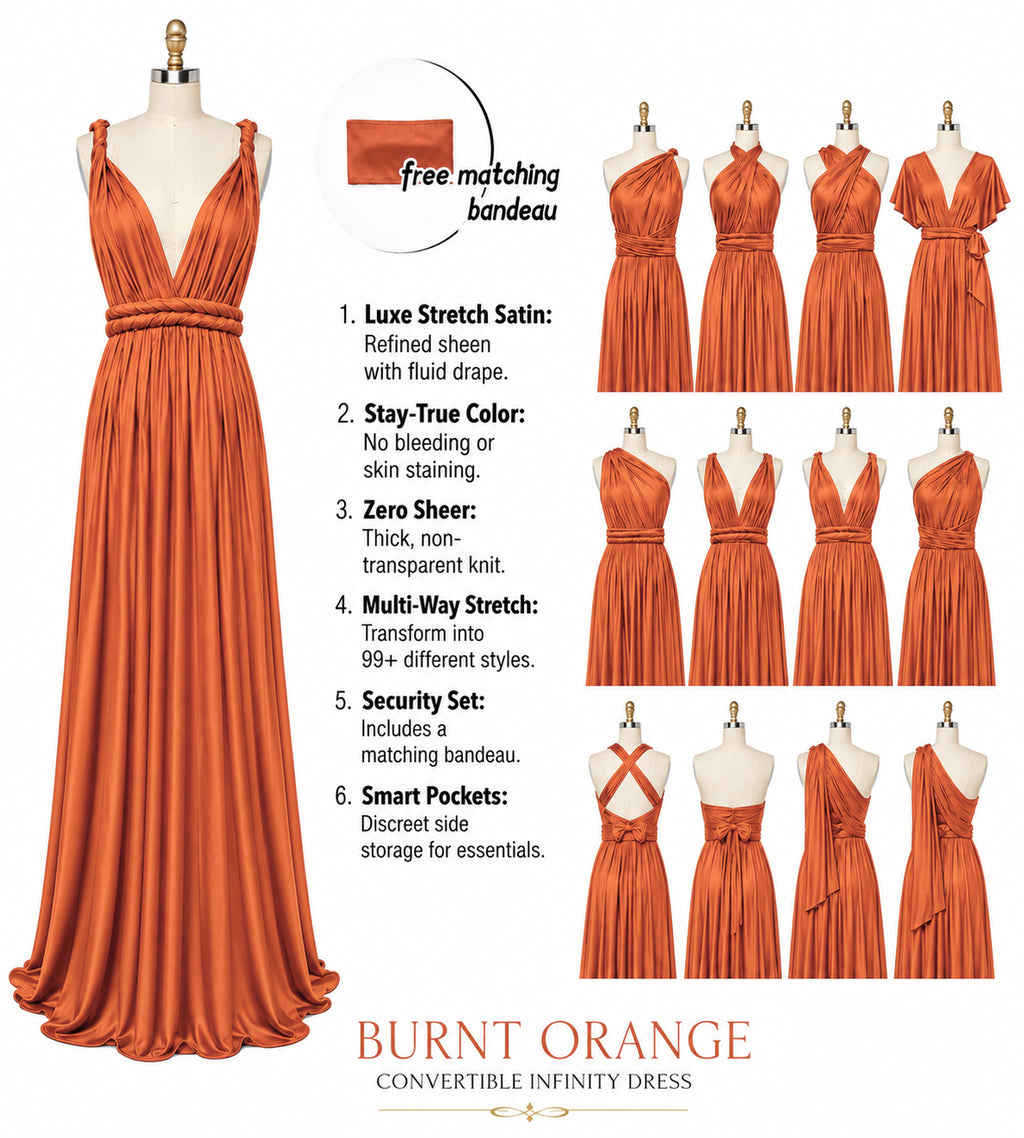 color:Burnt Orange | Burnt orange convertible infinity dress displayed on a mannequin with multiple mannequin views, feature callouts, and a color swatch on a white background.
