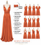color:Burnt Orange | Burnt orange convertible infinity dress displayed on a mannequin with multiple mannequin views, feature callouts, and a color swatch on a white background.