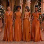 color:Burnt Orange |  Four women wearing floor-length orange bridesmaid dresses in different neckline and sleeve styles, standing in a grand arched hall with floral decorations and candles.