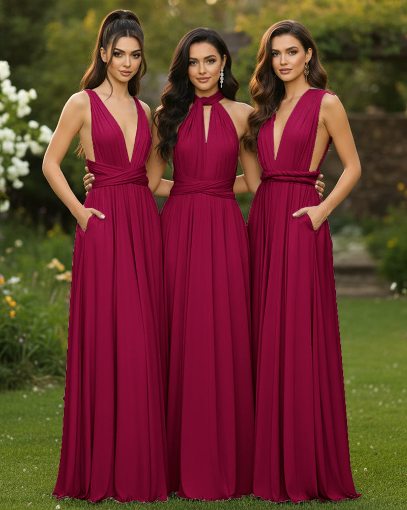 Convertible Infinity Multiway Wrap Maxi Dress With Pockets Regular Plus size Wedding Bridal Party Bridemaids Gownburgundy 