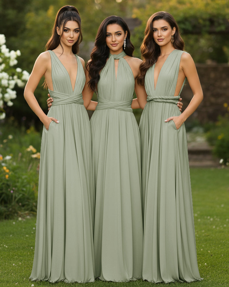 Convertible Infinity Multiway Wrap Maxi Dress With Pockets Regular Plus size Wedding Bridal Party Bridemaids Gowndusty sage 