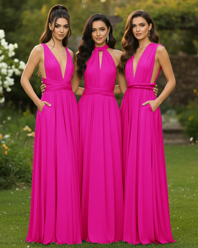 Convertible Infinity Multiway Wrap Maxi Dress With Pockets Regular Plus size Wedding Bridal Party Bridemaids Gownfuchsia 