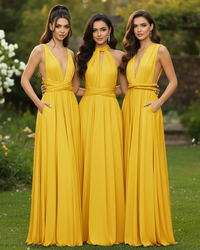 Convertible Infinity Multiway Wrap Maxi Dress With Pockets Regular Plus size Wedding Bridal Party Bridemaids Gownmustard yellow 