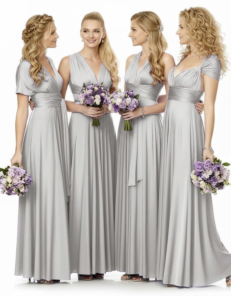 Convertible Maxi Infinity Multiway Dress With Pockets for Wedding Guests Bridal Parties Regular Plus size Wedding Bridal Party Bridemaids Gown silver 