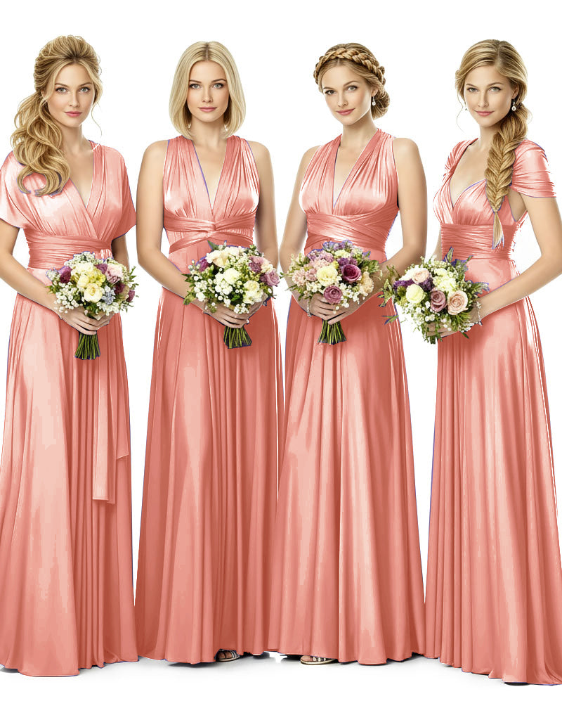 Bridesmaid Maxi Dress with Pockets Convertible Regular Plus size Wedding Bridal Party Bridemaids Gown coral 